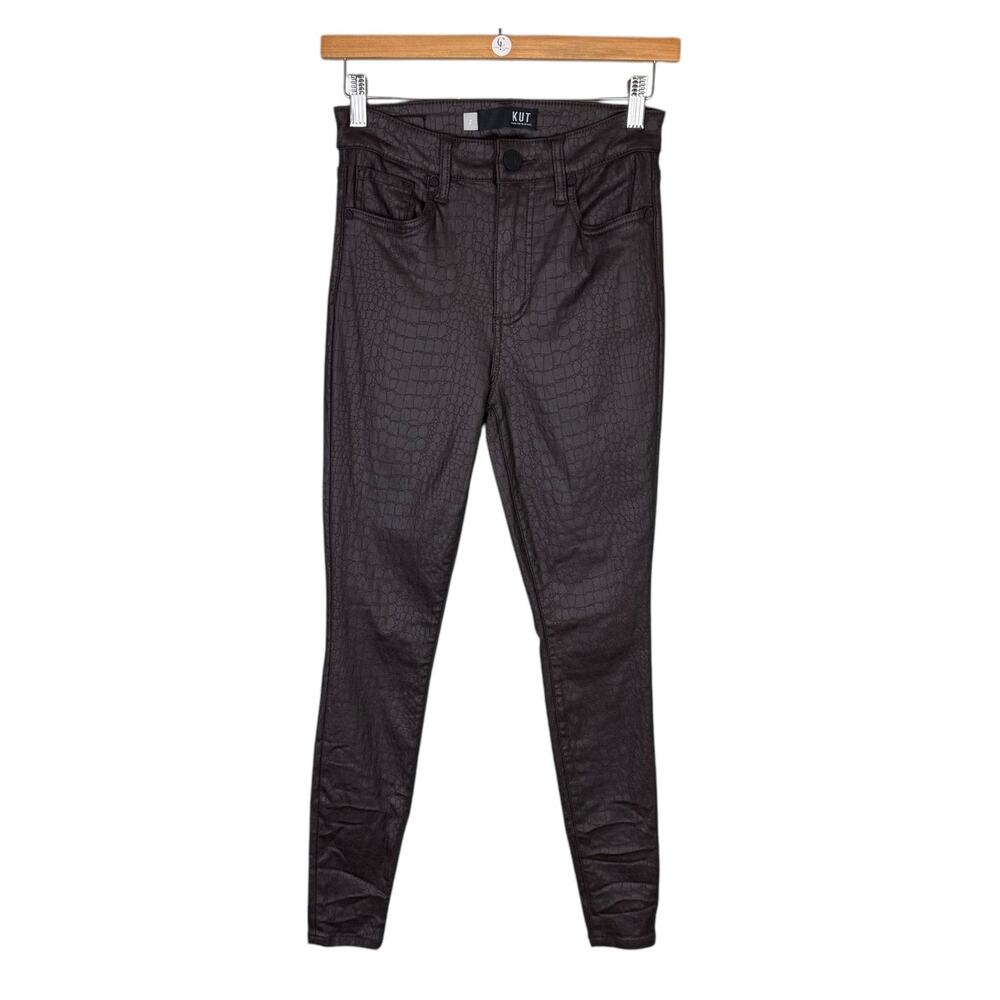 Kut from the Kloth Donna High Rise Ankle Skinny Brown Reptile Faux Leather Pants